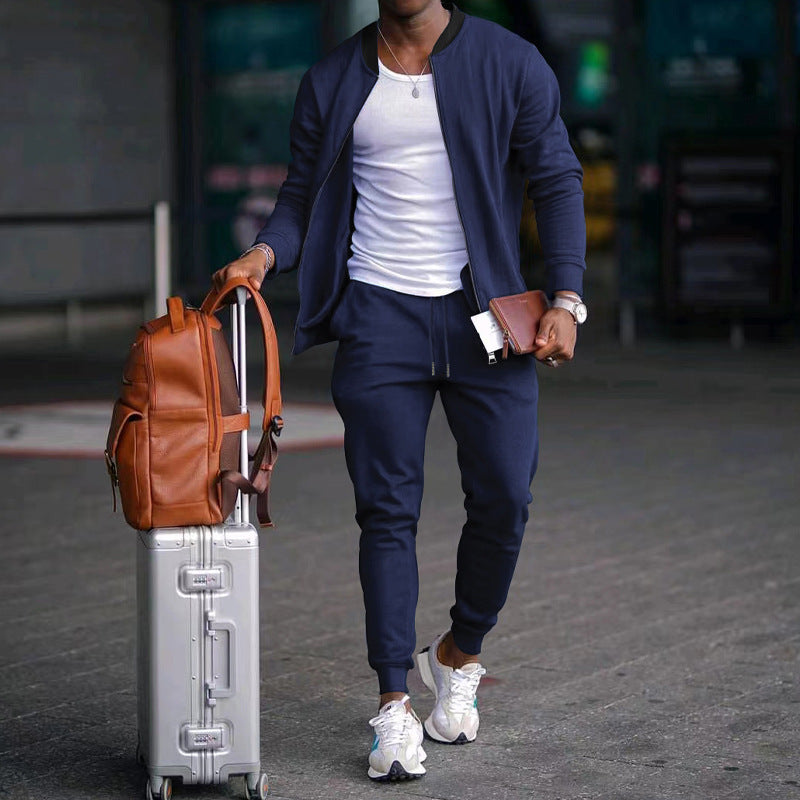 Men's new casual solid color baseball collar jacket suit - Vallara