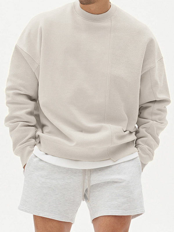 Men's Knitted Stitching Solid Color Casual Crew Neck Sweatshirt - Vallara