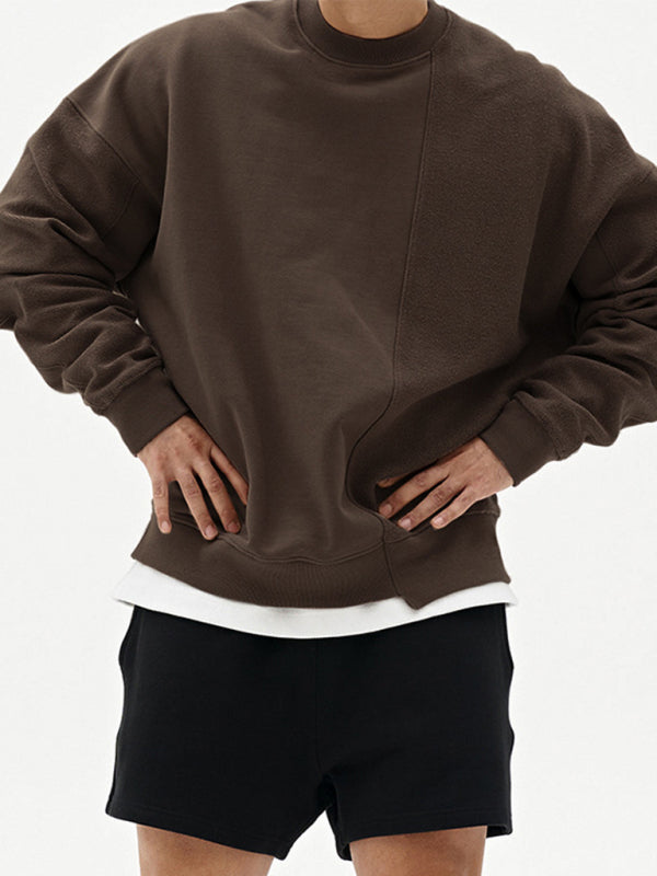 Men's Knitted Stitching Solid Color Casual Crew Neck Sweatshirt - Vallara