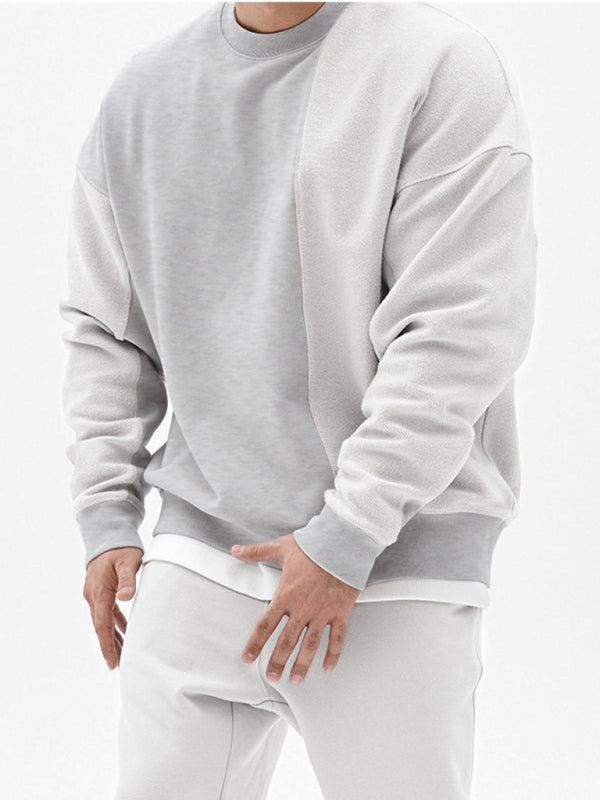 Men's Knitted Stitching Solid Color Casual Crew Neck Sweatshirt - Vallara