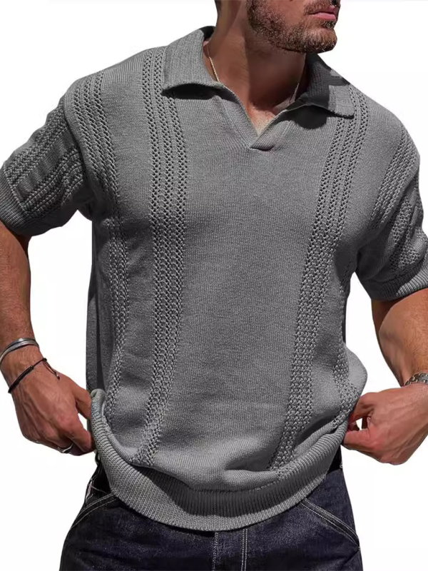 Men's Knitted POLO Shirt Short Sleeve V-Neck Loose Solid Color Top - Vallara
