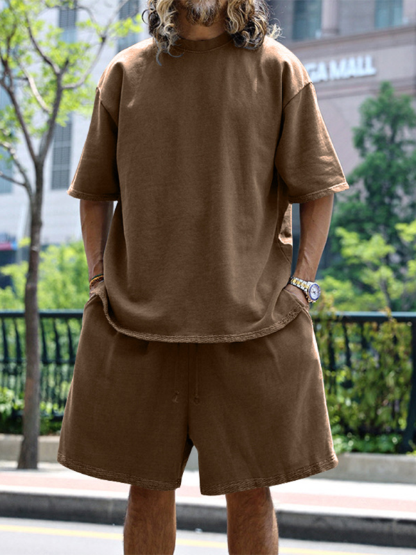 Men's solid color loose short-sleeved shorts set - Vallara