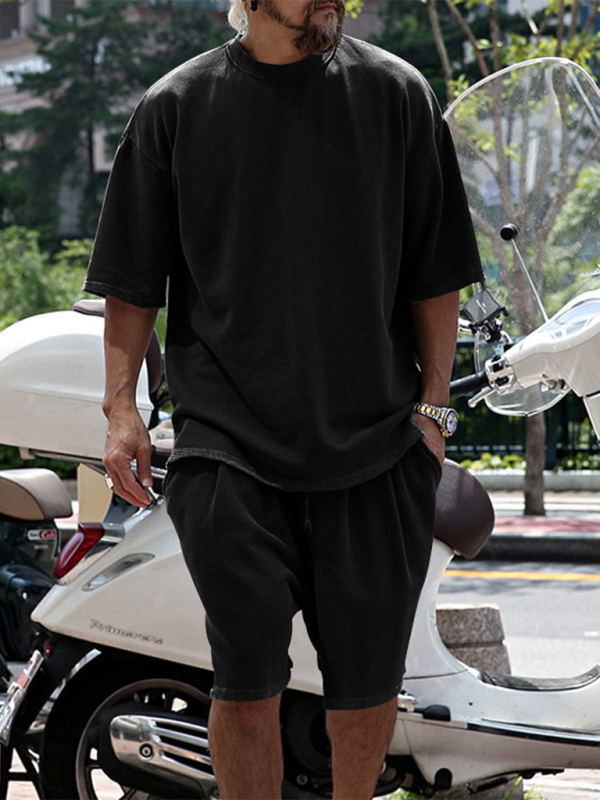 Men's solid color loose short-sleeved shorts set - Vallara