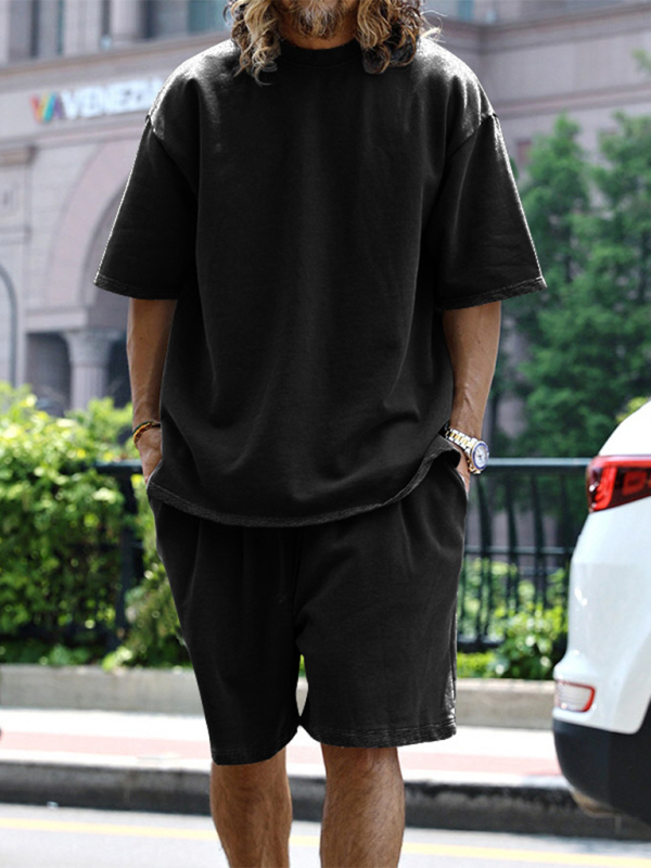 Men's solid color loose short-sleeved shorts set - Vallara