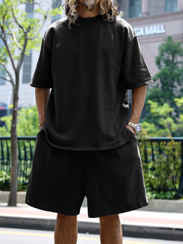 Men's solid color loose short-sleeved shorts set - Vallara