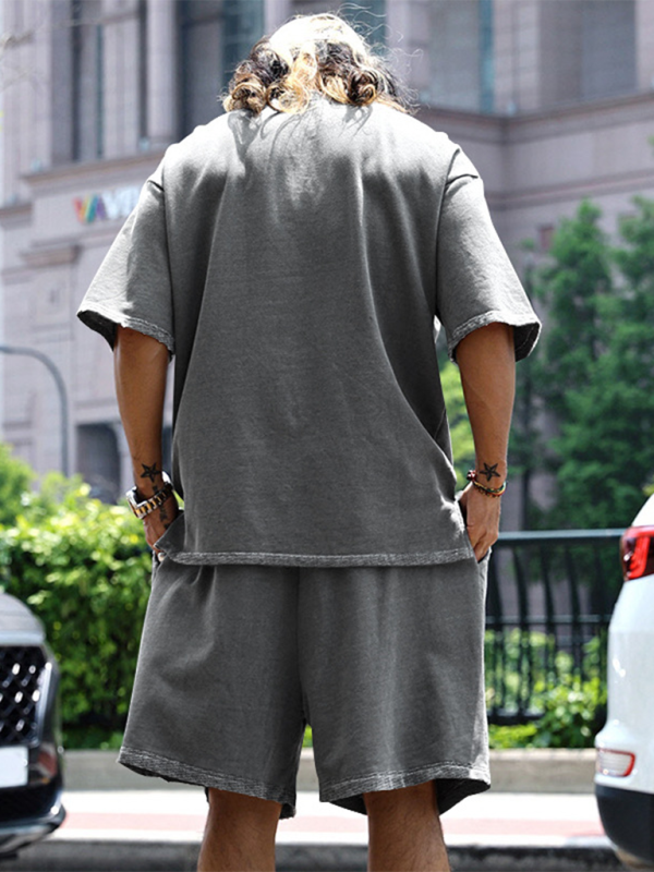 Men's solid color loose short-sleeved shorts set - Vallara