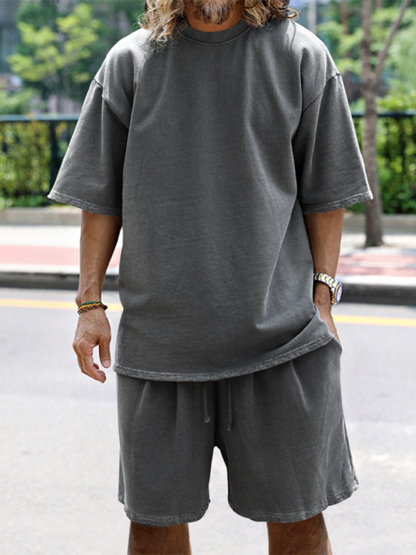 Men's solid color loose short-sleeved shorts set - Vallara