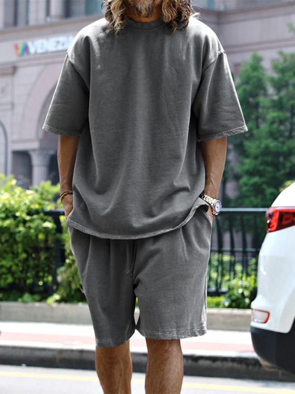 Men's solid color loose short-sleeved shorts set - Vallara