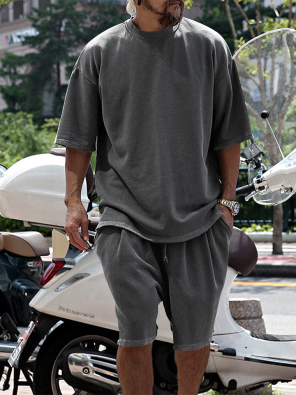 Men's solid color loose short-sleeved shorts set - Vallara