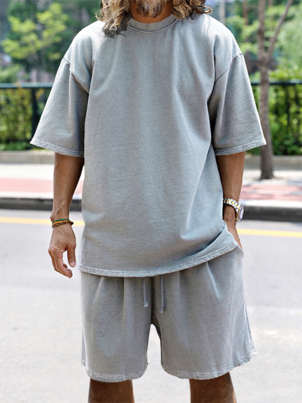 Men's solid color loose short-sleeved shorts set - Vallara