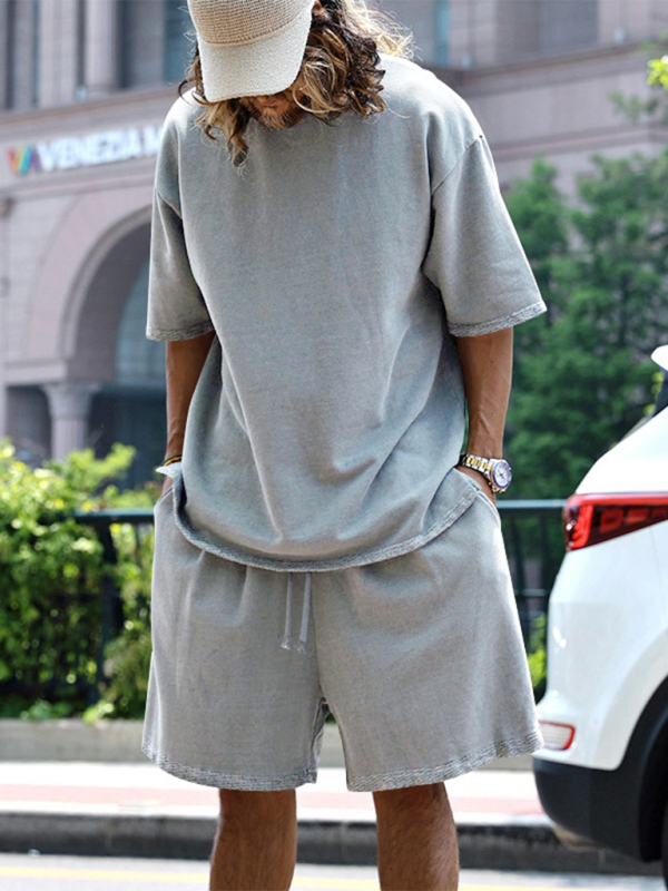 Men's solid color loose short-sleeved shorts set - Vallara