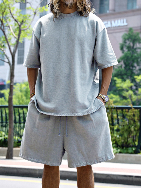 Men's solid color loose short-sleeved shorts set - Vallara