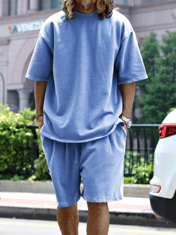 Men's solid color loose short-sleeved shorts set - Vallara