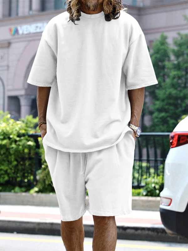 Men's solid color loose short-sleeved shorts set - Vallara
