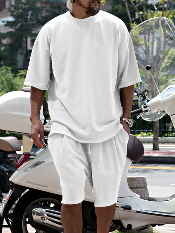 Men's solid color loose short-sleeved shorts set - Vallara
