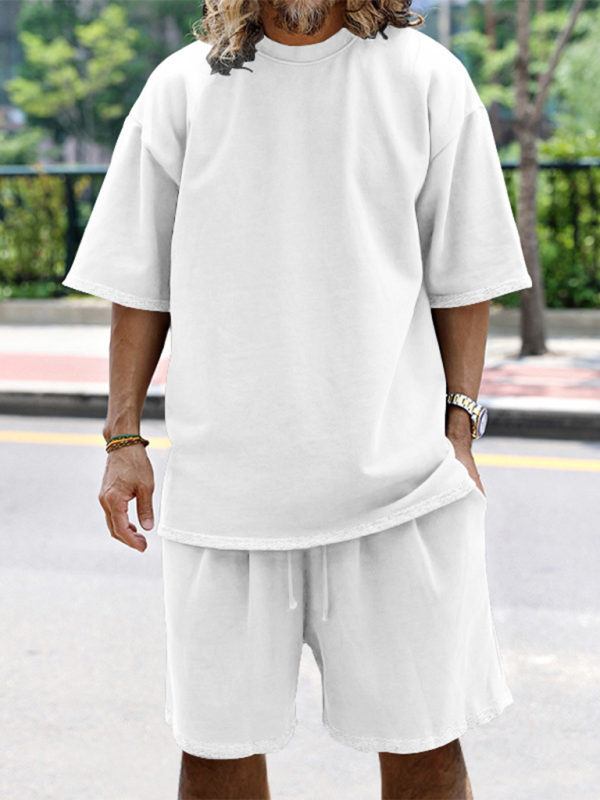Men's solid color loose short-sleeved shorts set - Vallara