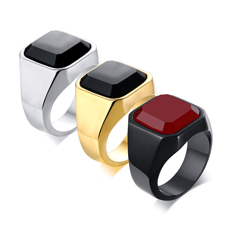 Men's stainless steel black agate ring - Vallara