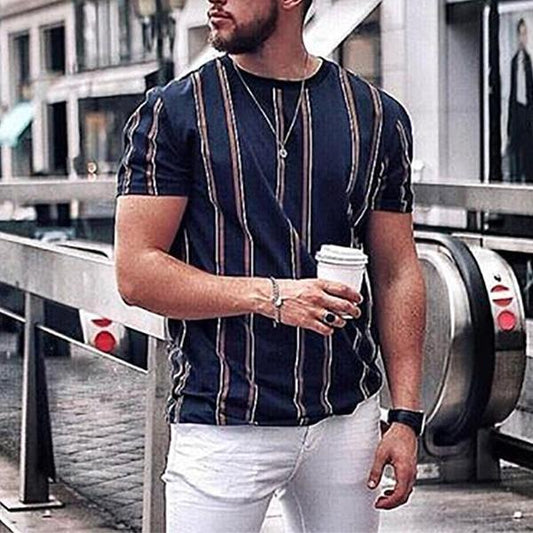 MEN'S STRIPED T-SHIRTMEN'S STRIPED T-SHIRTProduct information


 Style: Hedging
 
 Version: Straight type
 
 Collar type: no collar
 
 Neckline shape: round neck
 
 Main fabric compositiVallara