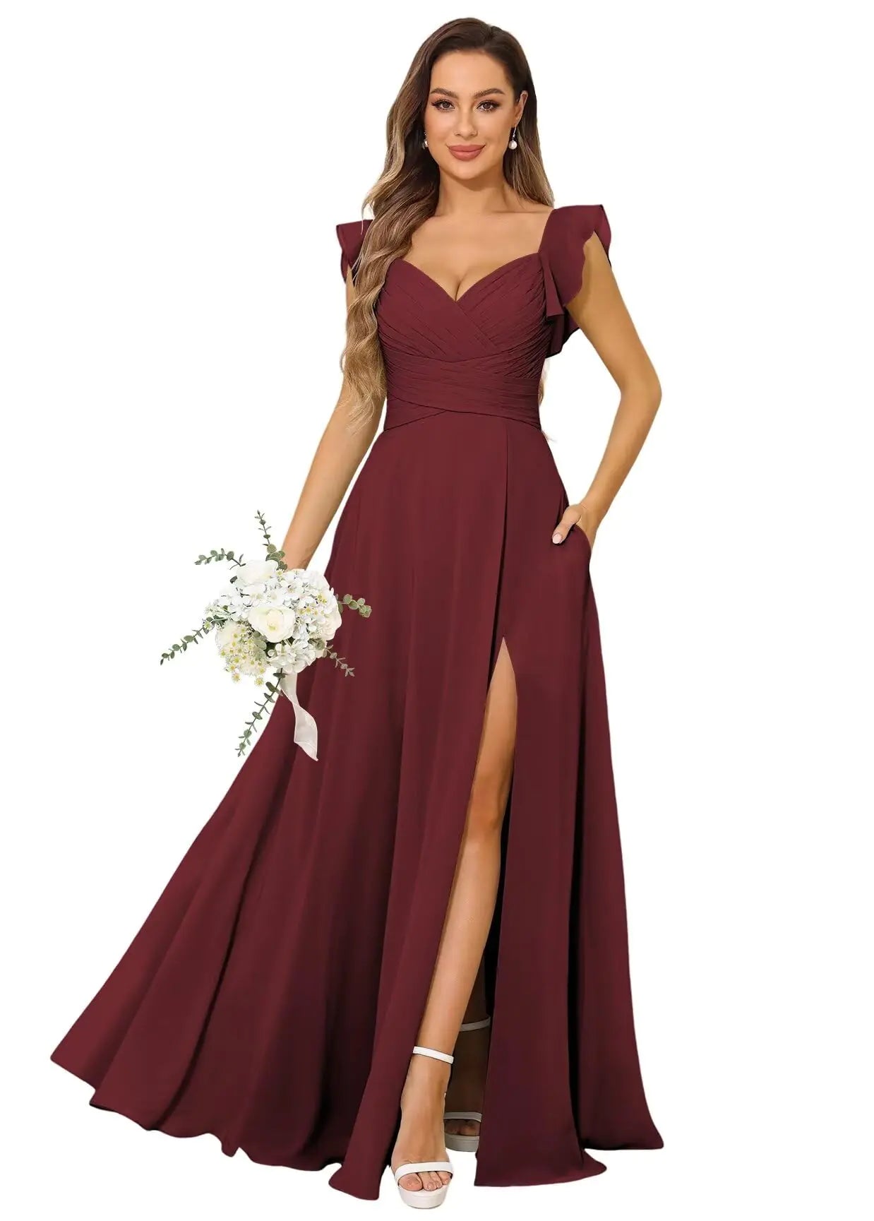 SYYS Chiffon Bridesmaid Dresses 2025 Ruched Empire Waist Burgundy Flowy Chiffon Formal Dresses for Wedding Guest 4