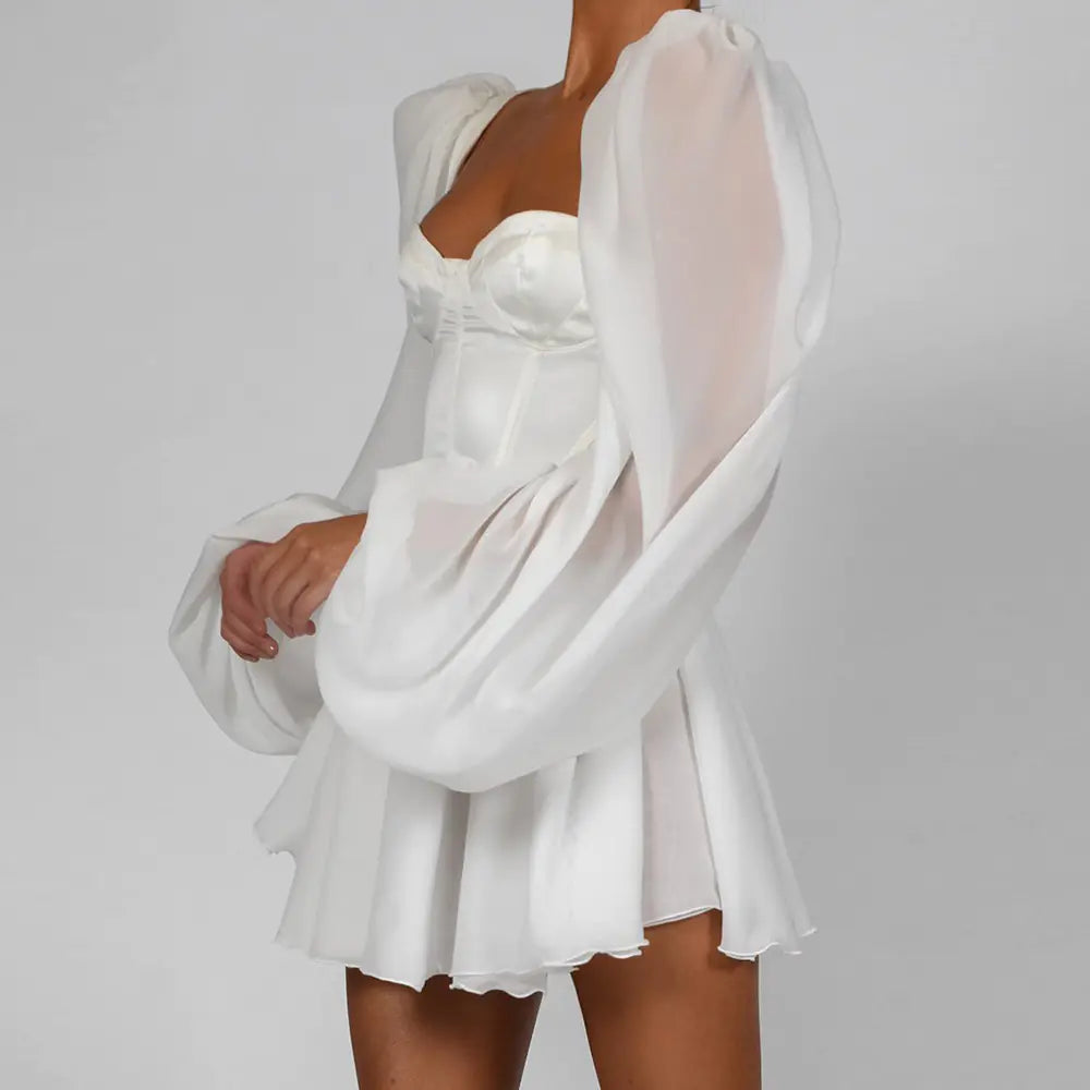 Elegant White Lantern Sleeve Chiffon Dress