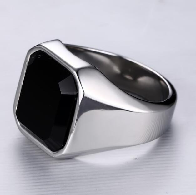 Men's stainless steel black agate ring - Vallara