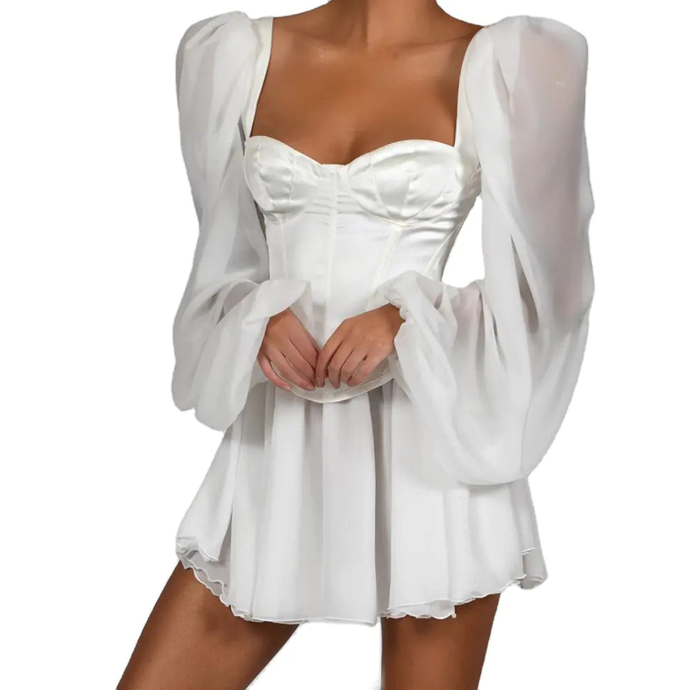 Elegant White Lantern Sleeve Chiffon Dress