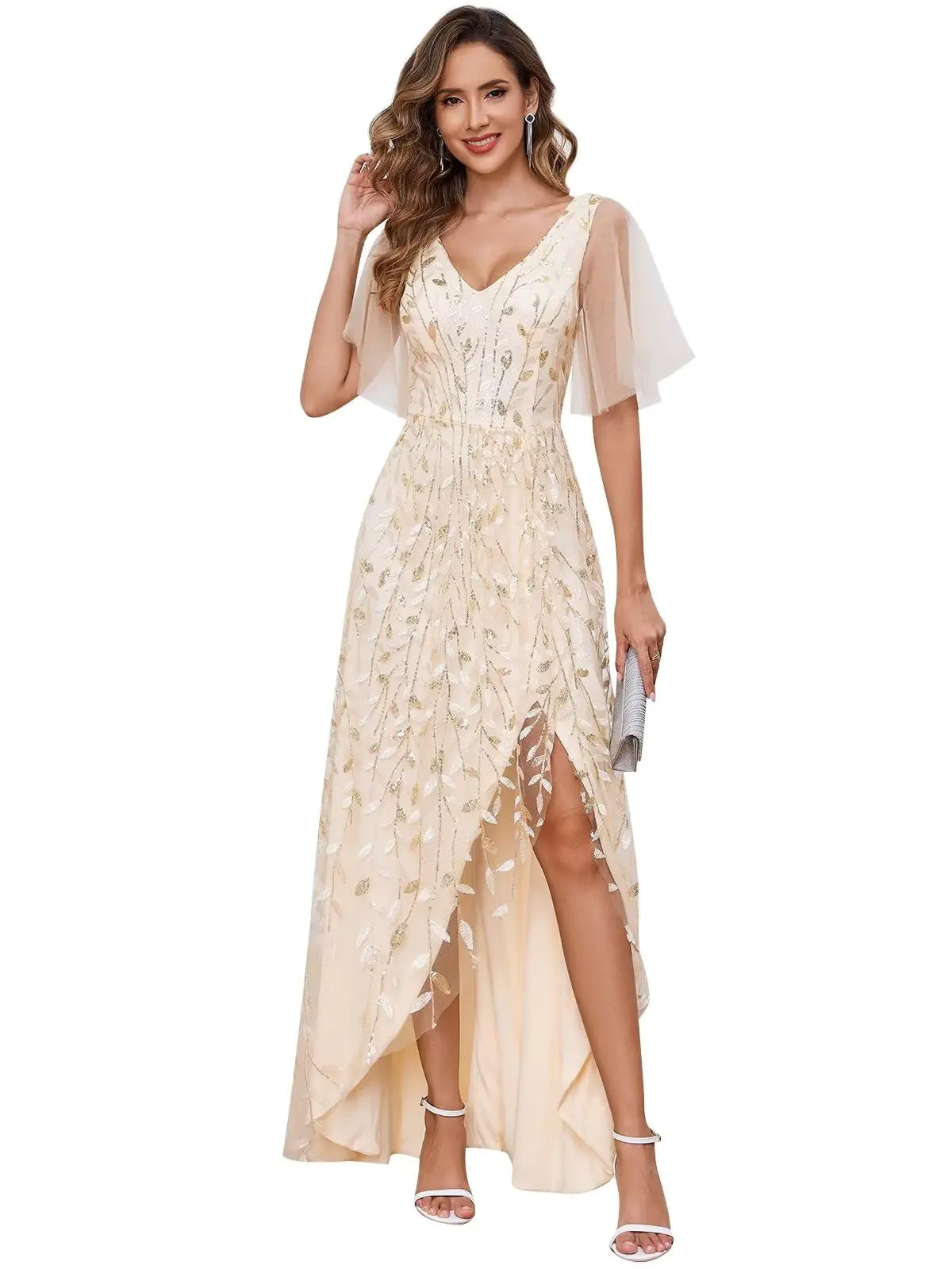 OFEYCHUN Champagne Tulle Formal Wedding Guest Dress Short Sleeve Mother of The Bride Dresses Sequins Evening Dresses Size 12