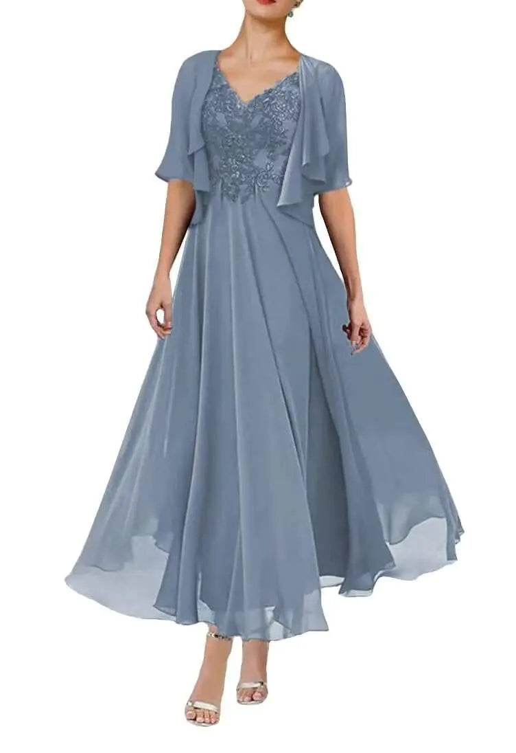 Bolodoo Womens Dusty Blue Mother of The Bride Dresses for Wedding 2 Pieces A Line Lace Chiffon Formal Wedding Guest Dress with Pocket Size 14