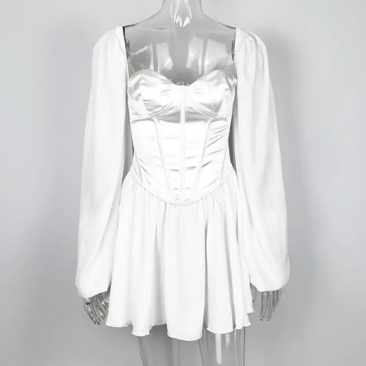 Elegant White Lantern Sleeve Chiffon Dress