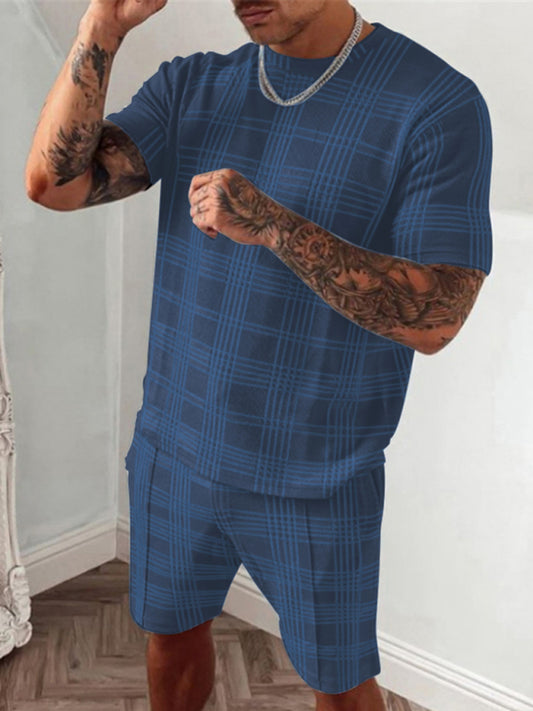 Men's casual plaid short-sleeved T-shirt + shorts two-piece set - Vallara