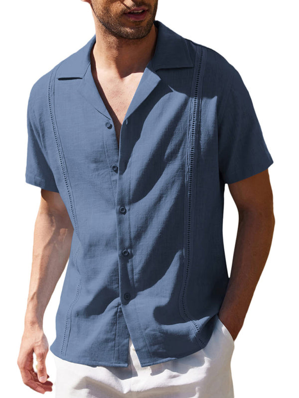 Men's Loose Casual Linen Shirt Cuban Guayabera Short Sleeve Beach Shirt - Vallara
