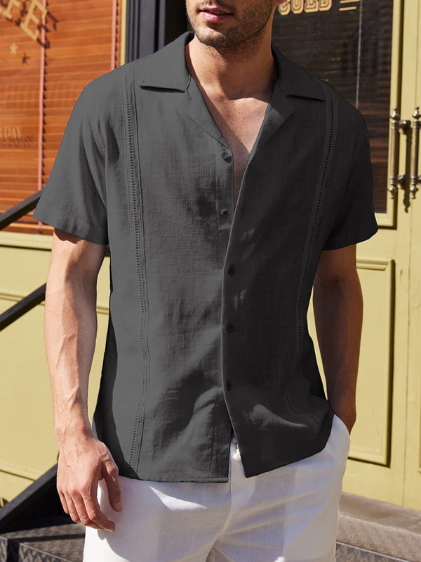 Men's Loose Casual Linen Shirt Cuban Guayabera Short Sleeve Beach Shirt - Vallara