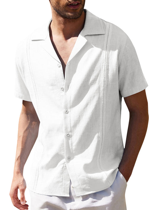 Men's Loose Casual Linen Shirt Cuban Guayabera Short Sleeve Beach Shirt - Vallara