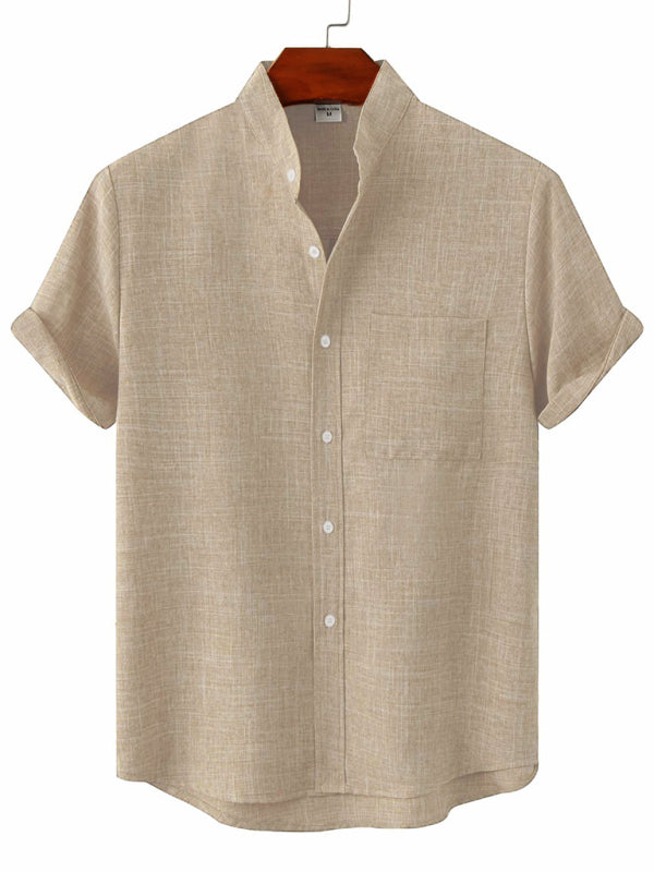 Spring and summer casual short-sleeved solid color cotton linen men's shirt - Vallara
