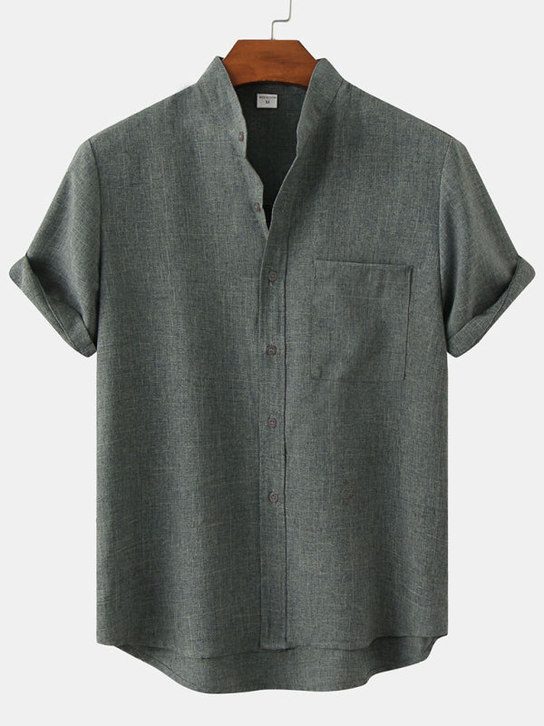 Spring and summer casual short-sleeved solid color cotton linen men's shirt - Vallara