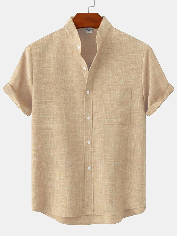 Spring and summer casual short-sleeved solid color cotton linen men's shirt - Vallara