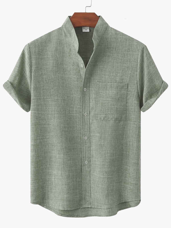 Spring and summer casual short-sleeved solid color cotton linen men's shirt - Vallara