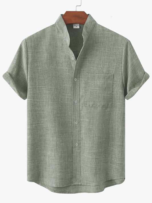 Spring and summer casual short-sleeved solid color cotton linen men's shirt - Vallara