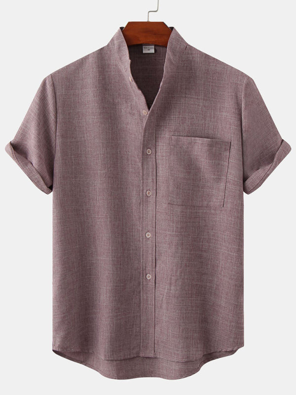 Spring and summer casual short-sleeved solid color cotton linen men's shirt - Vallara