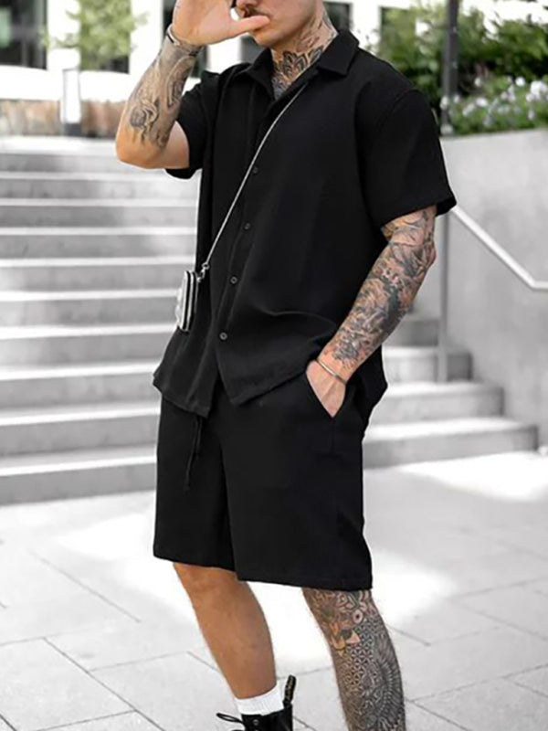 Men's Casual Comfortable Button Lapel Short Sleeve Shorts Set - Vallara