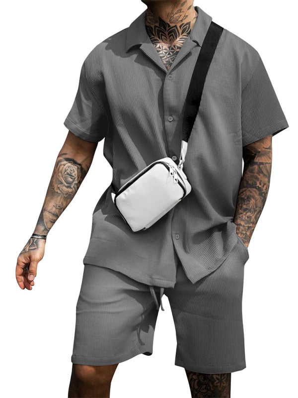 Men's Casual Comfortable Button Lapel Short Sleeve Shorts Set - Vallara