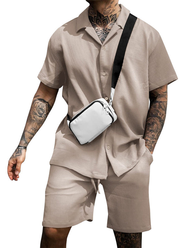 Men's Casual Comfortable Button Lapel Short Sleeve Shorts Set - Vallara