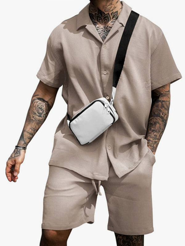 Men's Casual Comfortable Button Lapel Short Sleeve Shorts Set - Vallara