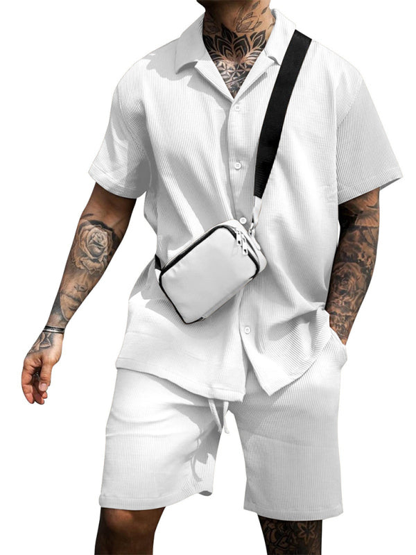 Men's Casual Comfortable Button Lapel Short Sleeve Shorts Set - Vallara