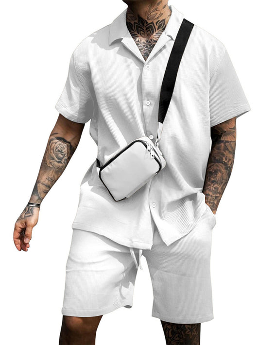 Men's Casual Comfortable Button Lapel Short Sleeve Shorts Set - Vallara