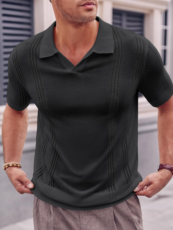 Men's Knitted POLO Shirt Short Sleeve V-Neck Loose Solid Color Top - Vallara