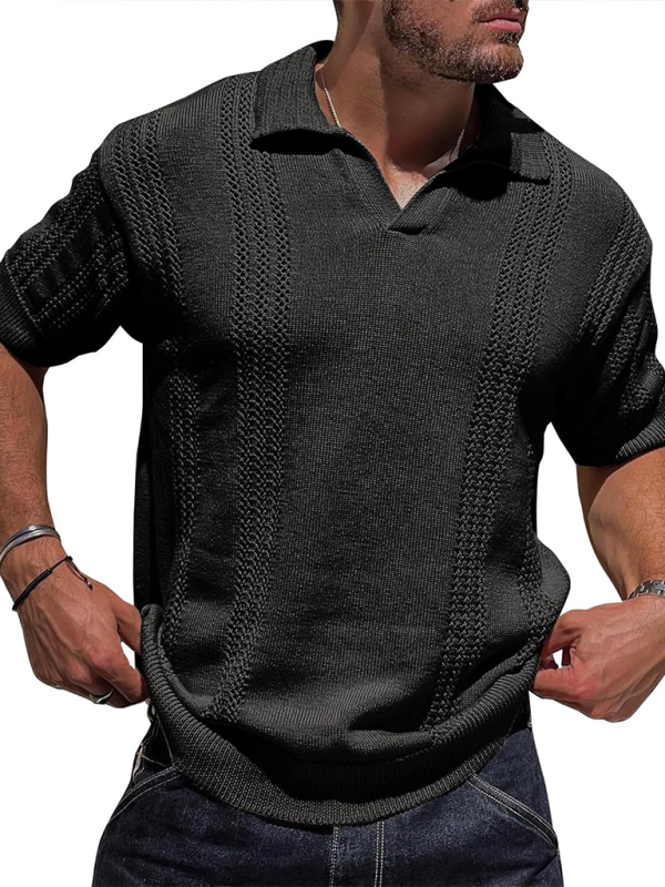 Men's Knitted POLO Shirt Short Sleeve V-Neck Loose Solid Color Top - Vallara