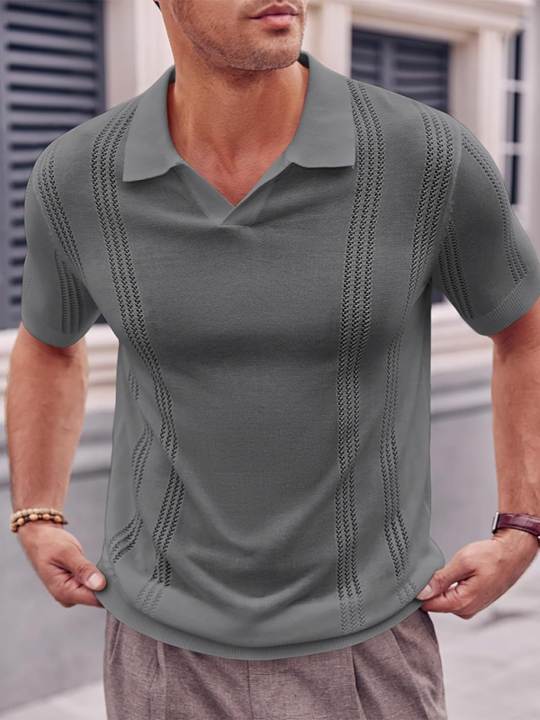 Men's Knitted POLO Shirt Short Sleeve V-Neck Loose Solid Color Top - Vallara