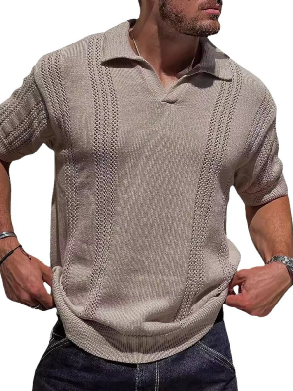 Men's Knitted POLO Shirt Short Sleeve V-Neck Loose Solid Color Top - Vallara