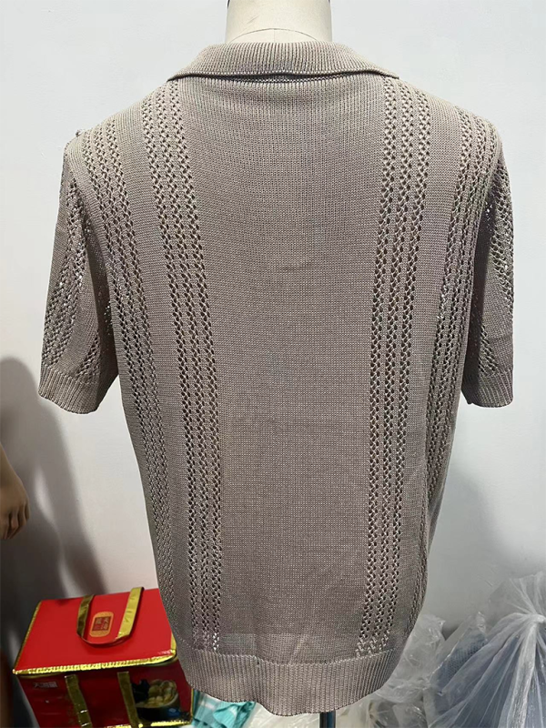 Men's Knitted POLO Shirt Short Sleeve V-Neck Loose Solid Color Top - Vallara